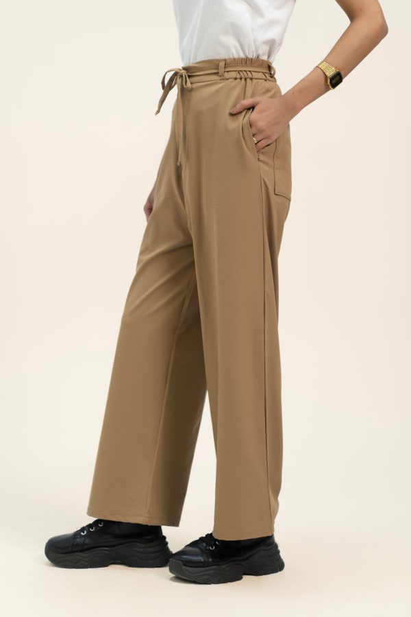TIE WAIST HIGH RISE PANT - CAMEL BROWN - Image 2
