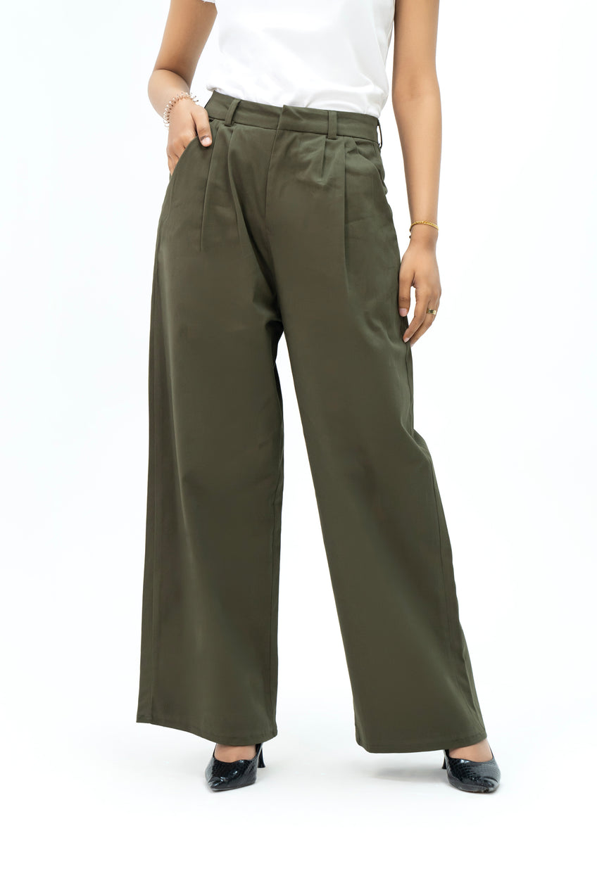 WIDE LEG PLEATED GREEN PANT