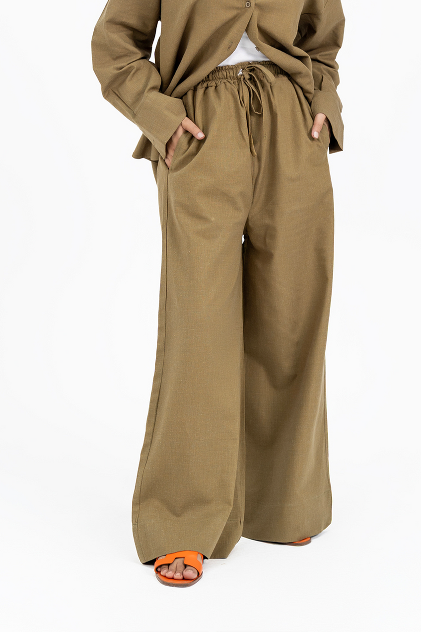 PULL-ON BOOTCUT OLIVE GREEN LINEN PANT