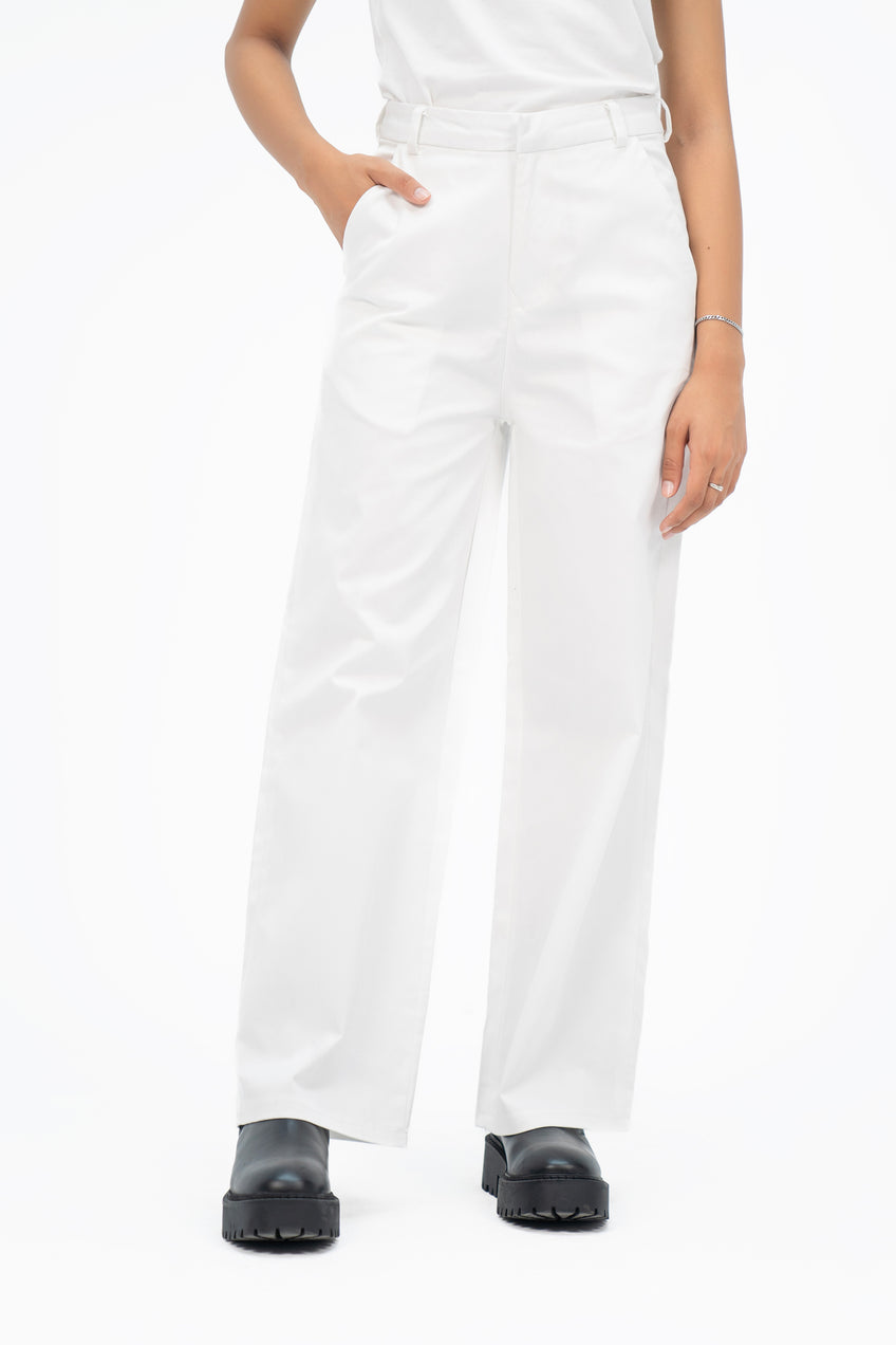 HIGH RISE WIDE LEG COTTON TWILL WHITE PANT
