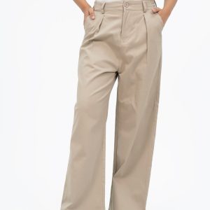 RELAXED FIT PLEATED WIDE LEG BEIGE PANT