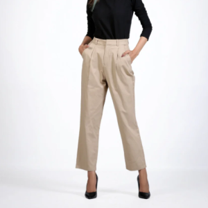 RELAXED FIT PLEATED STRAIGHT BEIGE PANT